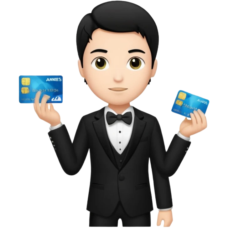 make a genmoji of a boy with a an amex card in hand and wearing a tux, black hair emoji