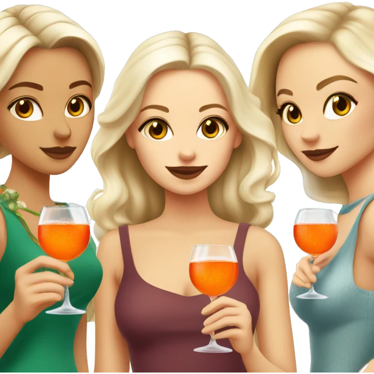 Four beautiful white european girls, one with blond hair and three with dark blond hair in dresses drinking aperol emoji