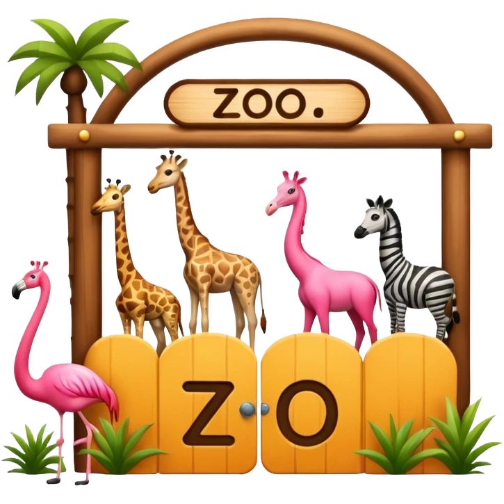 classic emoji-style wooden zoo entrance with the word 'zoo' and four animals: giraffe, panda, zebra, and flamingo, designed to look like genuine emoji, not AI-generated emoji