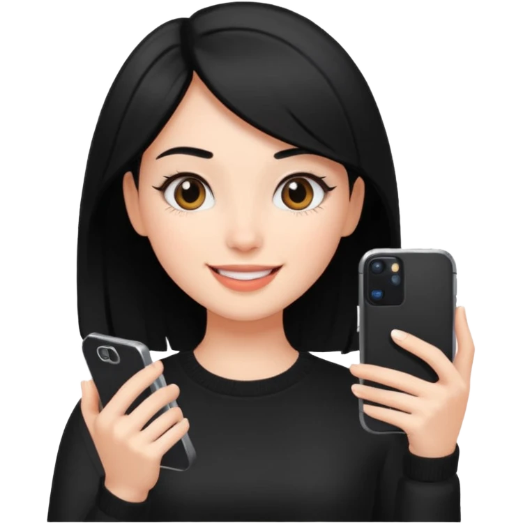 influencer girl black haired, phone in hand, recording herself, confident, trendy, emoji