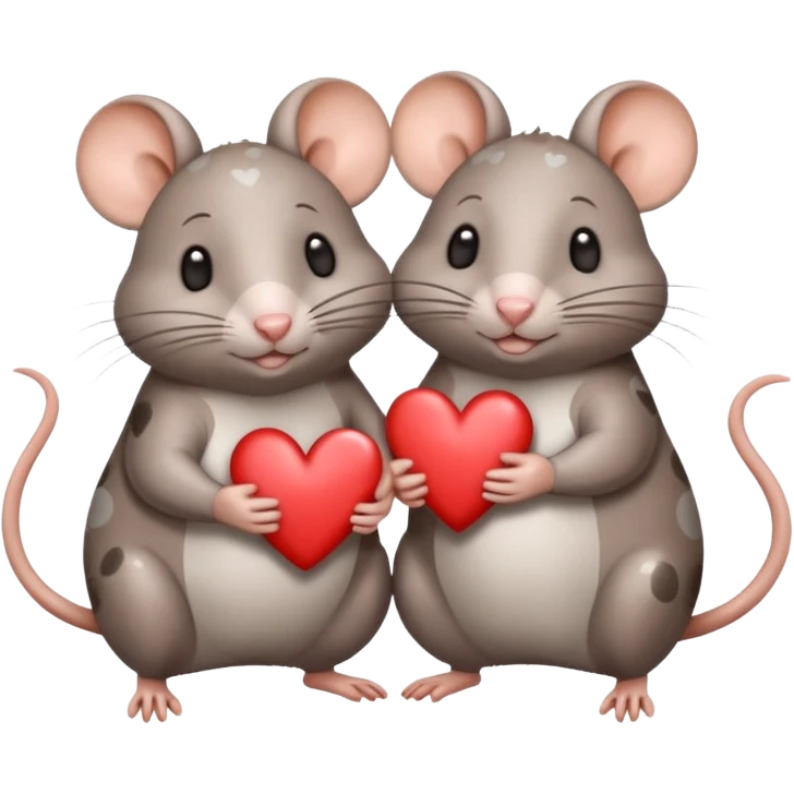 two fat little rats holding hearts one grey with white spots the other rat warm brownn emoji