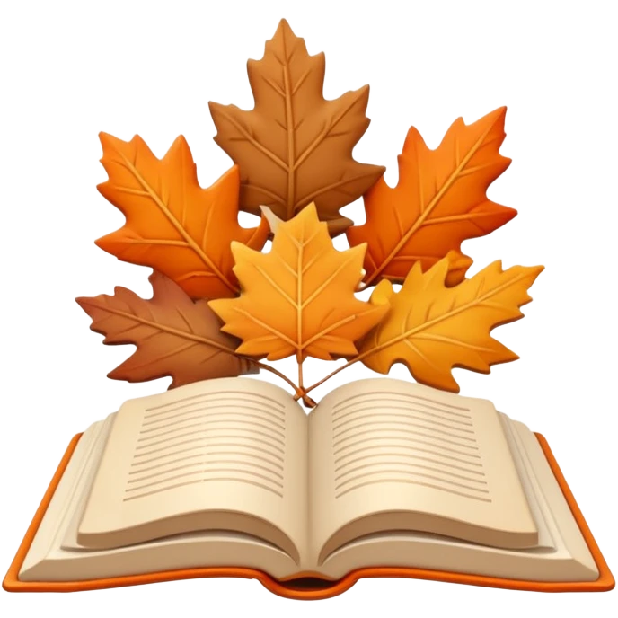 A cute 3D emoji of an open book with autumn leaves around it, cozy fall colors (orange, brown, beige), playful and modern style, glossy finish, minimalistic but expressive, symbolizing a Fall Reading Challenge. emoji