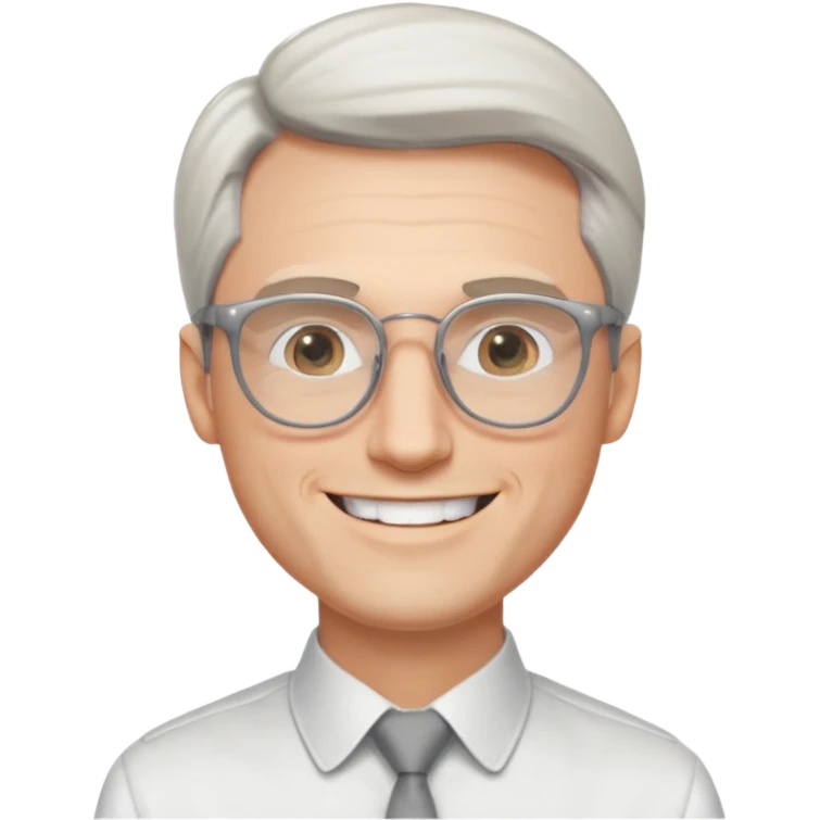 30 yr old pale white man, white/grey side swept stylish hair, round glasses, big smile, white teeth, handsome, longer hair, thin glasses, white dress shirt, smooth forehead, botox, no tie, open collar emoji