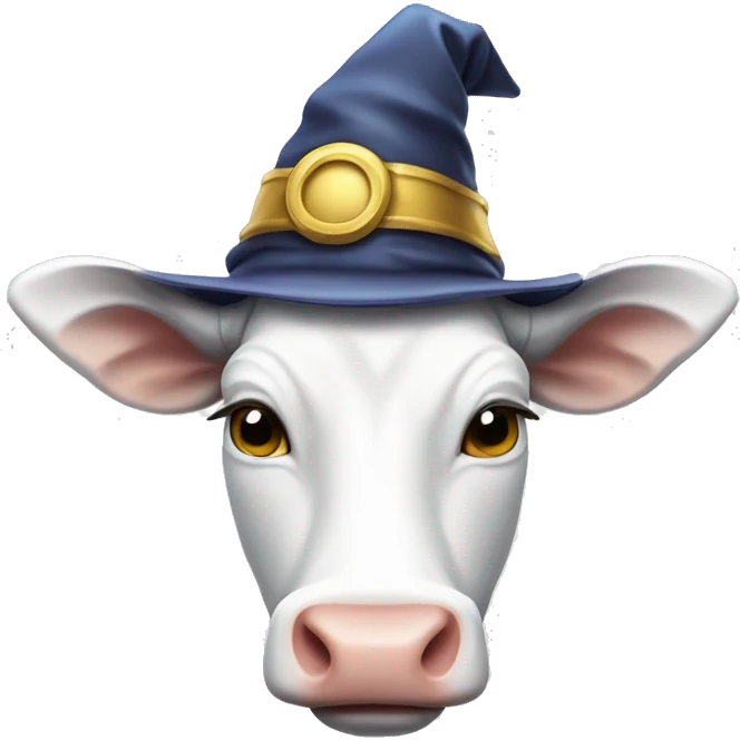 white cow face wearing wizard hat and stick emoji