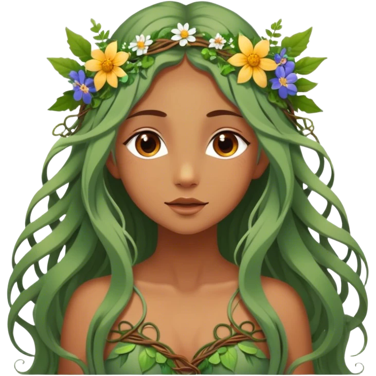 Cinematic Realistic Forest Nymph Fairy Portrait, depicted with lifelike, sun-kissed tanned skin that radiates an earthy glow, softly illuminated by natural, dappled light. Her long, flowing hair is intricately detailed and interwoven with delicate vines and wildflowers, while her deep, soulful eyes mirror the wisdom of the forest. Dressed in an attire inspired by nature’s palette—with subtle botanical motifs—the portrait exudes a soft, enchanted glow that melds realism with woodland magic. emoji