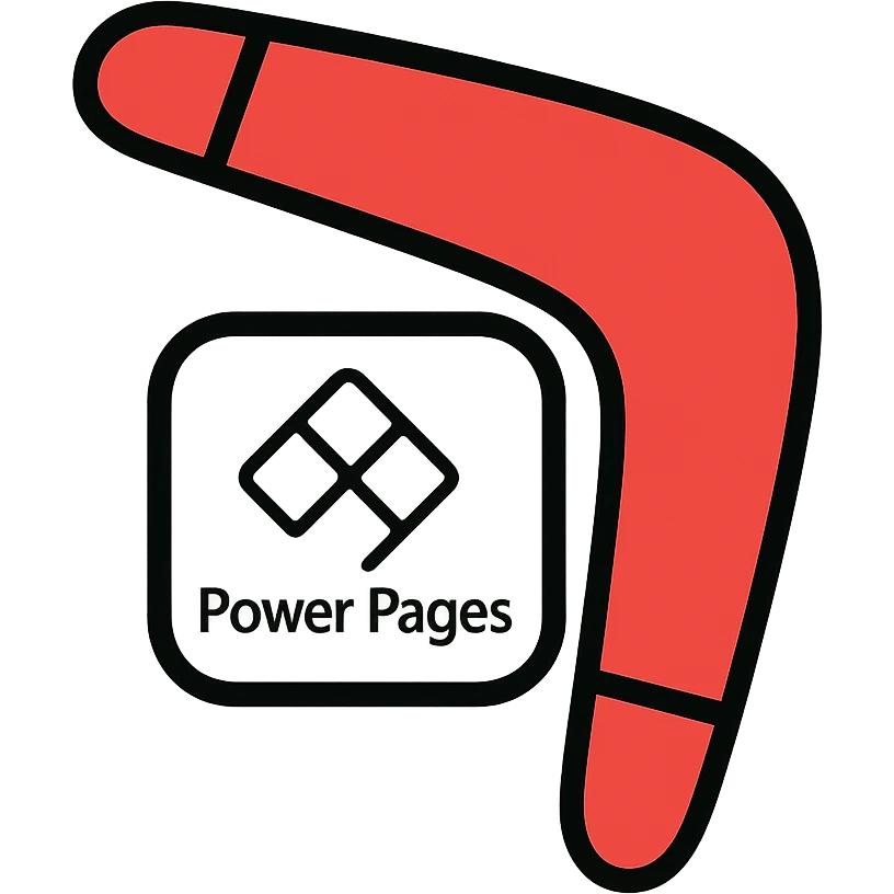 icon of a boomerang and Power Pages logo combined, outlined, playful, red and white, clean emoji