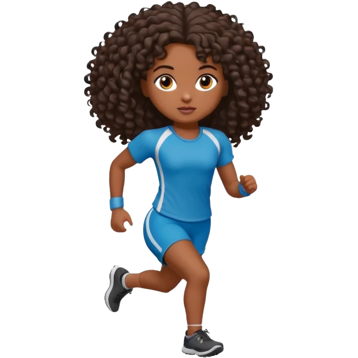Uma boneca morena escura com olhos castanhos e cabelo cacheado longo até o peito, treinando correndo emoji