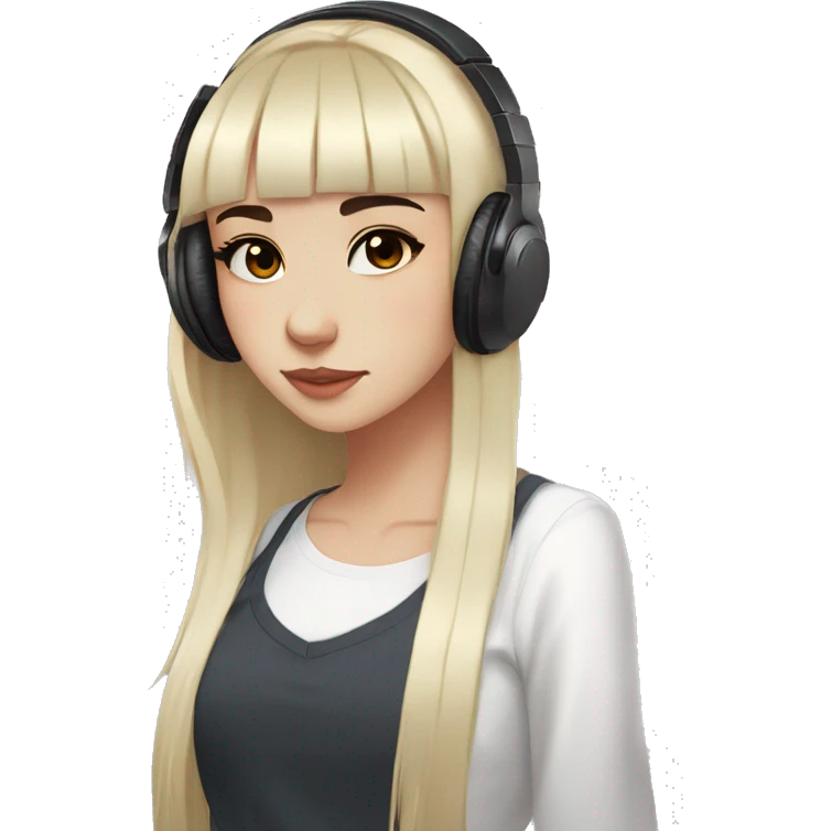 light-skinned girl, 1girl, black hair, solo, long hair, bangs, black eyes, blunt bangs, white shirt, hime cut, headphones, chillhop emoji