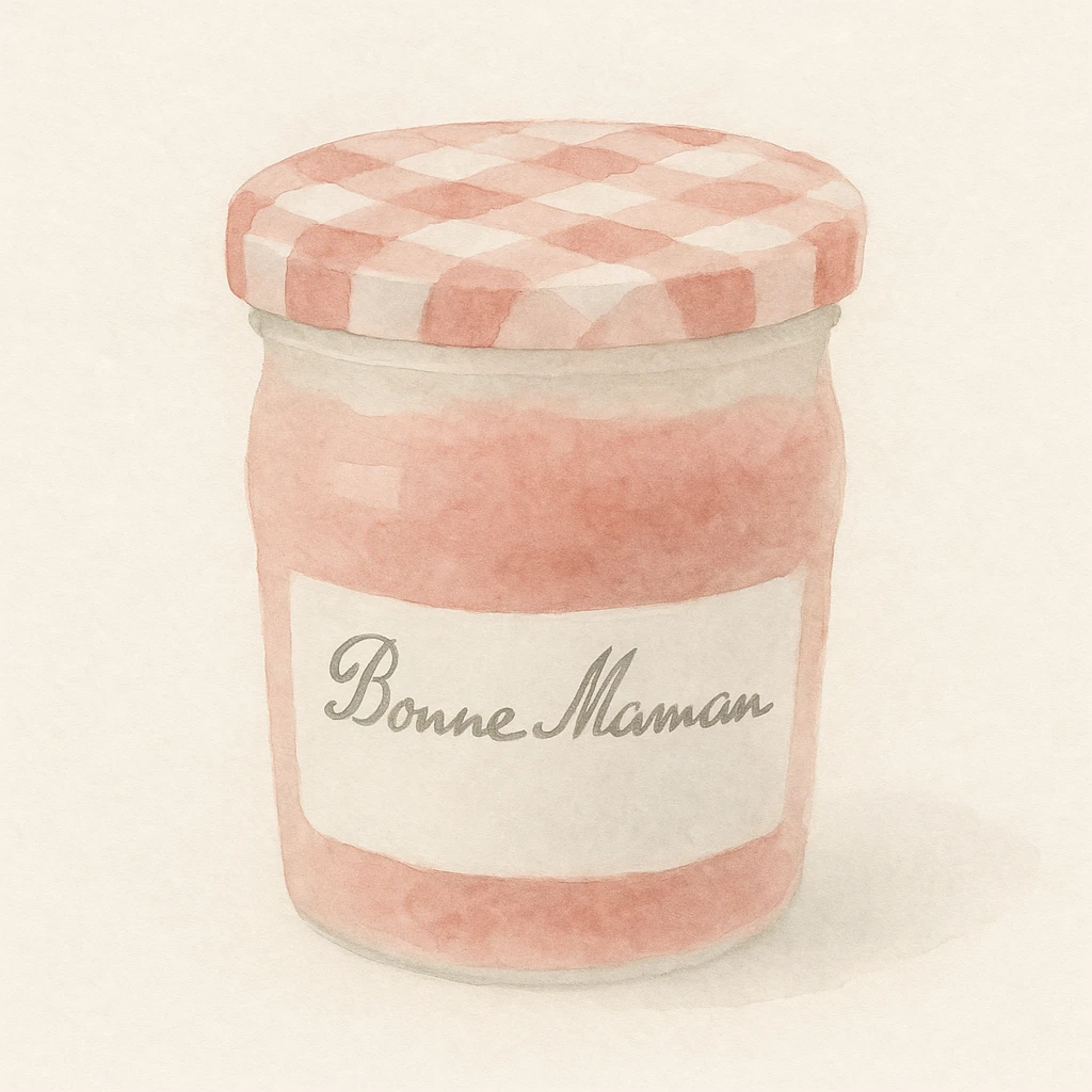 a Bonne Maman jam jar, featuring the classic gingham lid and elegant label, in a soft watercolor art style emoji