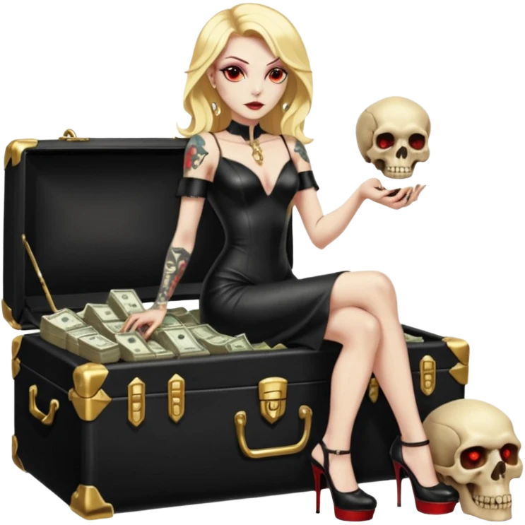 Lilith symbol red eye seductress evil shoulder length blonde haired sexy succubus woman with leather long dress with slit, sitting on a case of gold and cash. Black Platform high heels on feet. Tattoo sleeve arms, seat full of stacks of cash,  dead human skull of her enemies in her other hand emoji