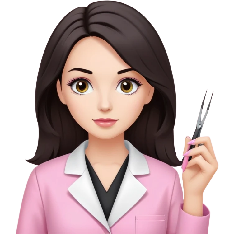 Mulher branca de cabelos pretos na altura dos ombros, vestindo jaleco rosa e segurando uma pinça de extensão de cílios emoji