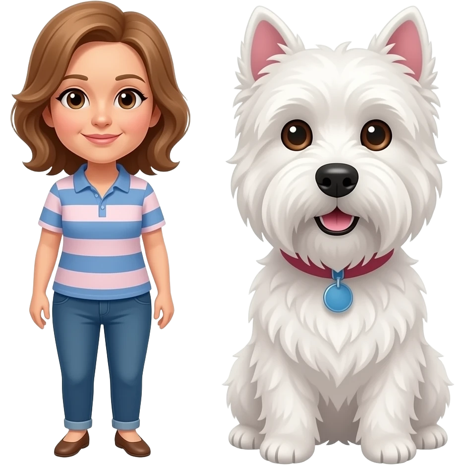 Middle age woman brown eyes , shoulder length light brown hair, with a female westie and a male westie emoji