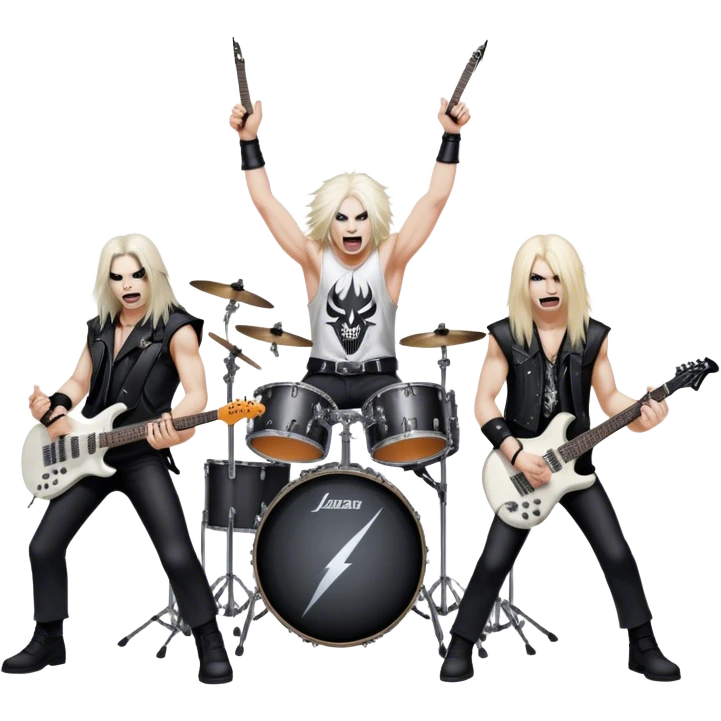 Icon for Heavy Metal Music: 4 men band on stage with electric guitars, drums and intense lighting. 4 Musicians headbanging, surrounded by energy and stage effects, capturing the power and intensity of a metal concert. Transparent background. emoji