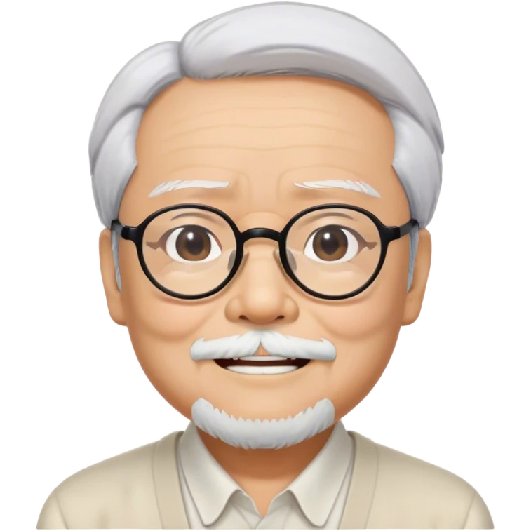 ​Cinematic Realistic Portrait of Hayao Miyazaki, depicted with defined black eyebrows, and large rectangular glasses, his happy expression rendered in lifelike detail, illuminated with soft, realistic lighting that emphasizes his creative genius, emoji