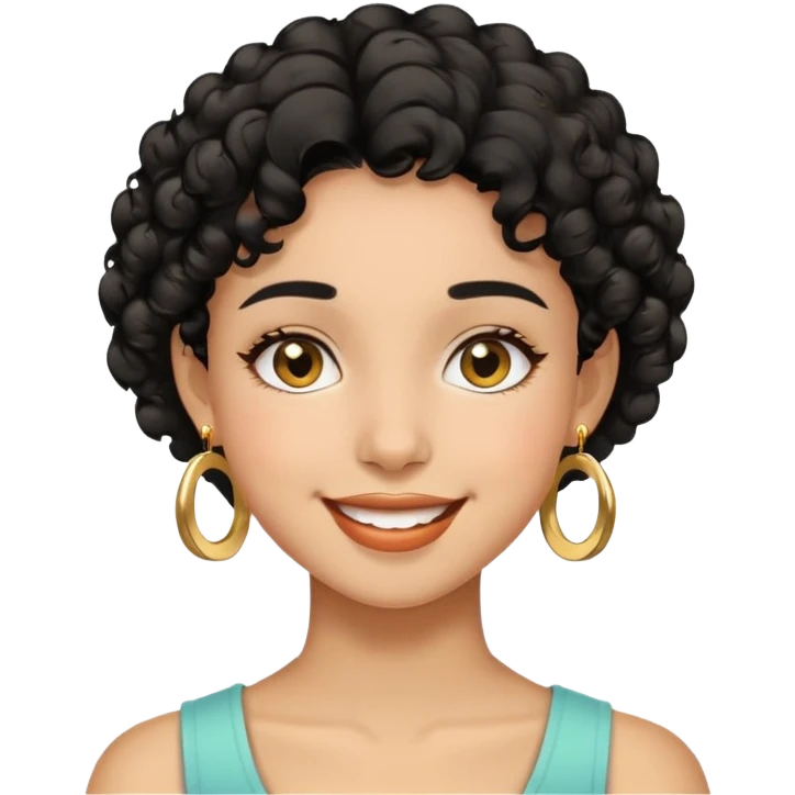 Girl showing happiness, medium skin tone, short curly black hair, gold earrings Minimal emoji showing happiness, medium skin tone, short curly black hair, gold earrings emoji
