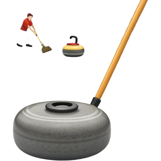 An icon showing a detailed close-up of a curling stone sliding across the ice, with a broom in motion beside it. The background features an indoor stadium with cheering spectators on the stands. Transparent background captures the strategy and focus of curling. emoji