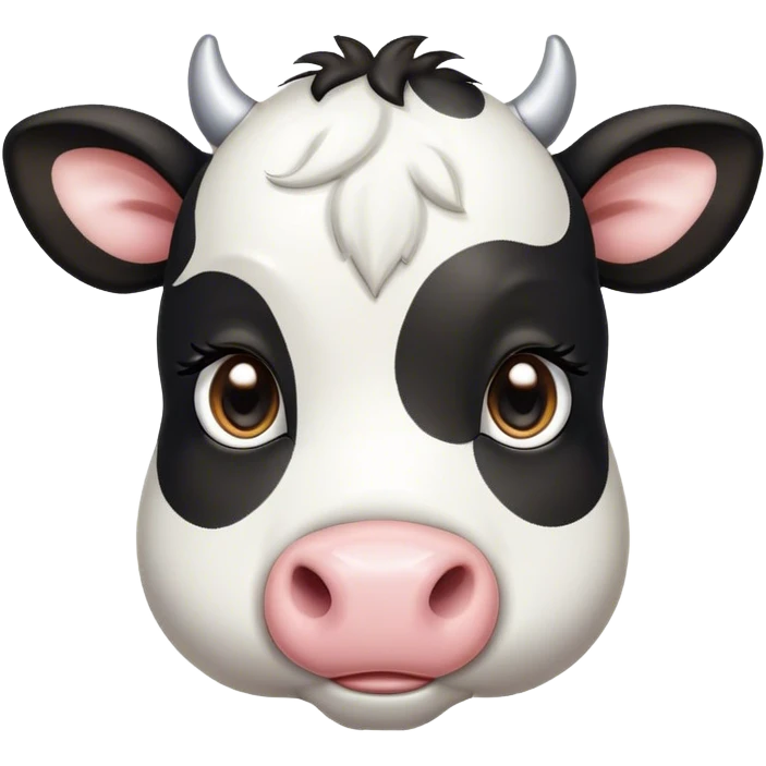Cinematic Cute Black and White Cow Portrait Emoji, Head tilted playfully and inquisitively, featuring a glossy, contrasting coat of black and white, round, sparkling brown eyes filled with gentle curiosity, Simplified yet irresistibly adorable features, highly detailed, glowing with a warm, friendly glow, high shine, affectionate and serene, stylized with a touch of contemporary charm, bright and endearing, soft glowing outline, capturing the essence of a mischievous yet loving cow, so playful it feels like it could moo out of the screen and into your arms! emoji