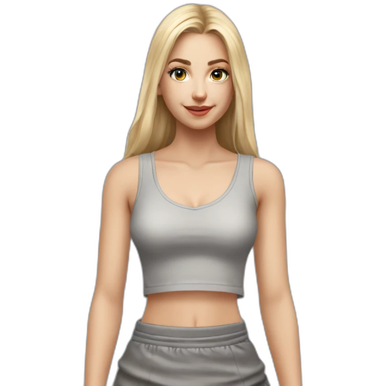 hyperrealist caucasian girl, long straight blonde hair, v-neck laced crop tanktop, grey tight mini skirt emoji