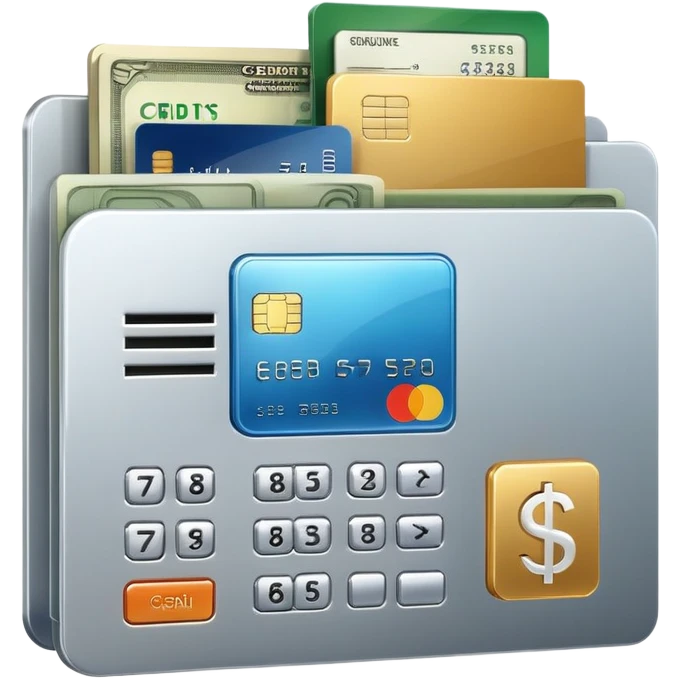 Closed folder icon with small symbols floating around: bank building, credit card, calculator, and document – organized financial archive emoji