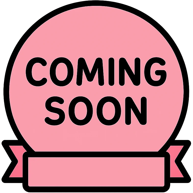 baby pink coming soon stamp, color outline style, playful and inviting, rounded edges, clear text emoji