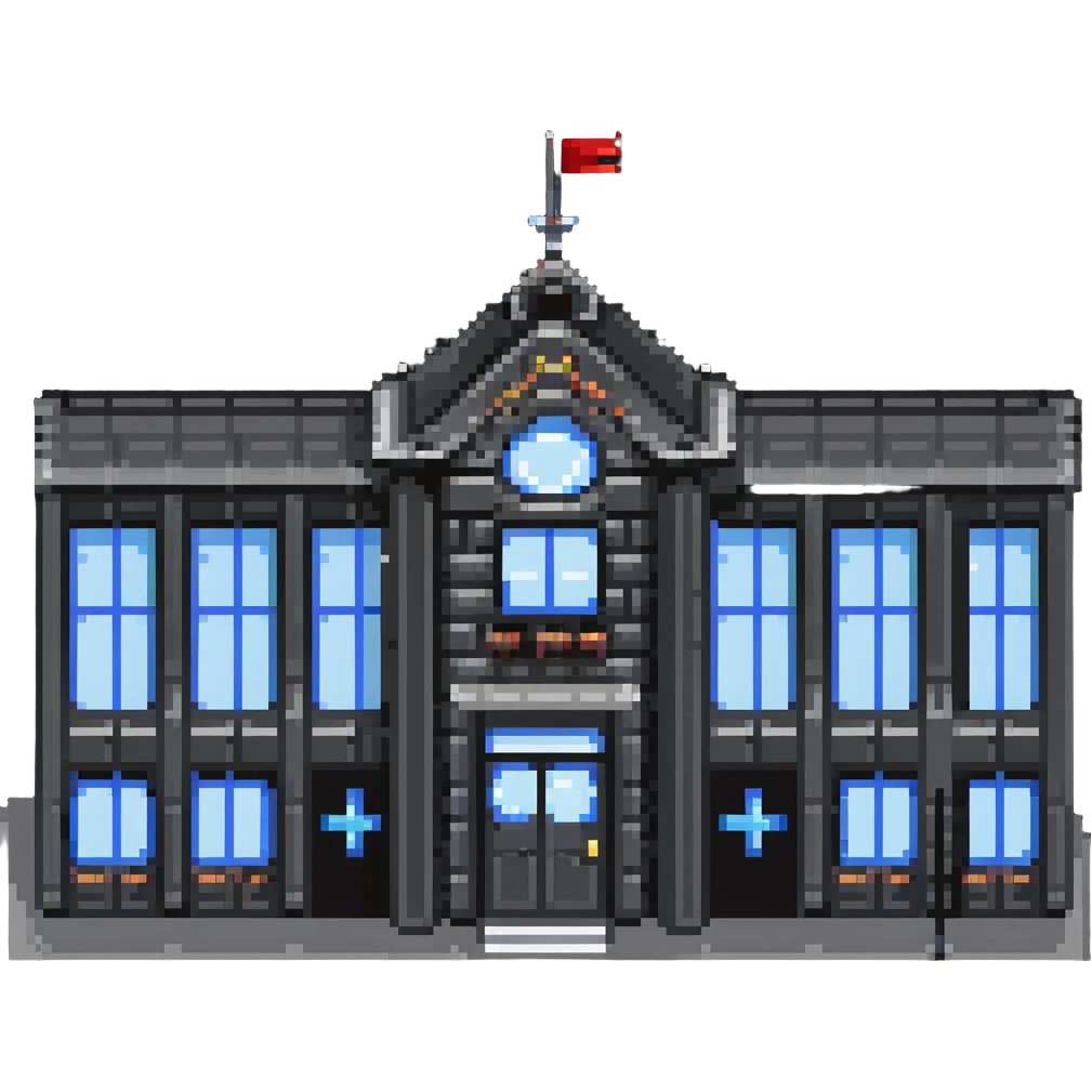 school building with classroom windows and entrance door, no flag emoji