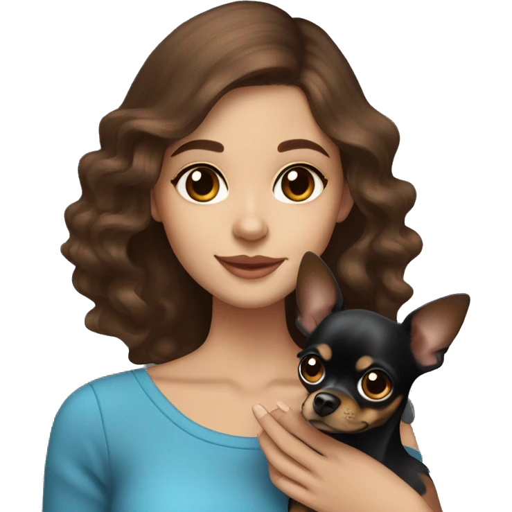 Pretty girl with long wavy brown hair, blue eyes, holding a black and brown short hair chihuahua emoji