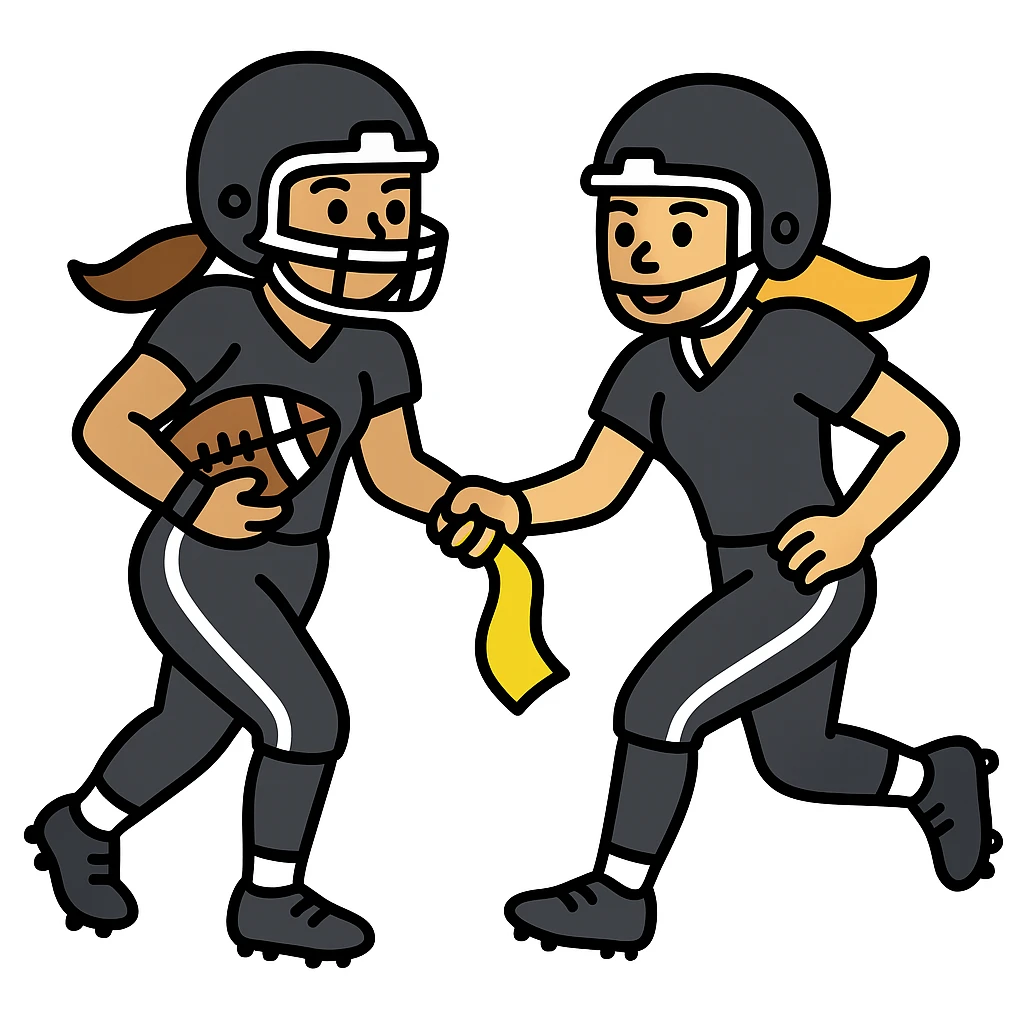 Update to show a woman pulling a lemon lime colored flag from another player's belt, both wearing helmets and black uniforms with white accents, with a football present. No country flags. Keep the background transparent. emoji
