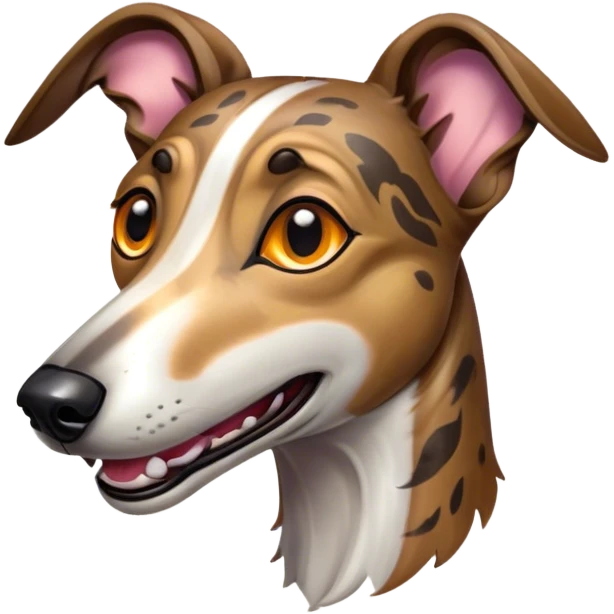 Cinematic Comical Brindle Greyhound Portrait Emoji, Head tilted dramatically with an exaggeratedly amused expression, featuring a striking brindle Fur with bold patterns, wide, expressive eyes filled with playful disbelief, Simplified yet hilariously expressive features, highly detailed, glowing with a slightly sassy glow, high shine, dramatic yet playful, stylized with an air of cheeky mischief, bright and endearing, soft glowing outline, capturing the essence of a spirited and over-the-top racer, so meme-worthy it feels like it could side-eye its way into internet fame instantly! emoji