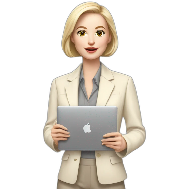 pale skin woman with ash blonde Straightened bob Hair, White Spacious classical jacket, beige palazzo Arrow pants and gray blouse holding a MacBook in the hands emoji