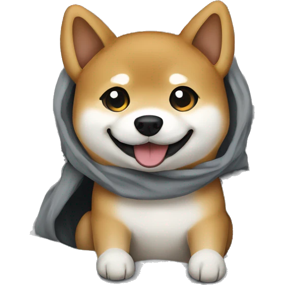 Shiba Inu dog with big eyes smiles while sitting in a gray blanket emoji