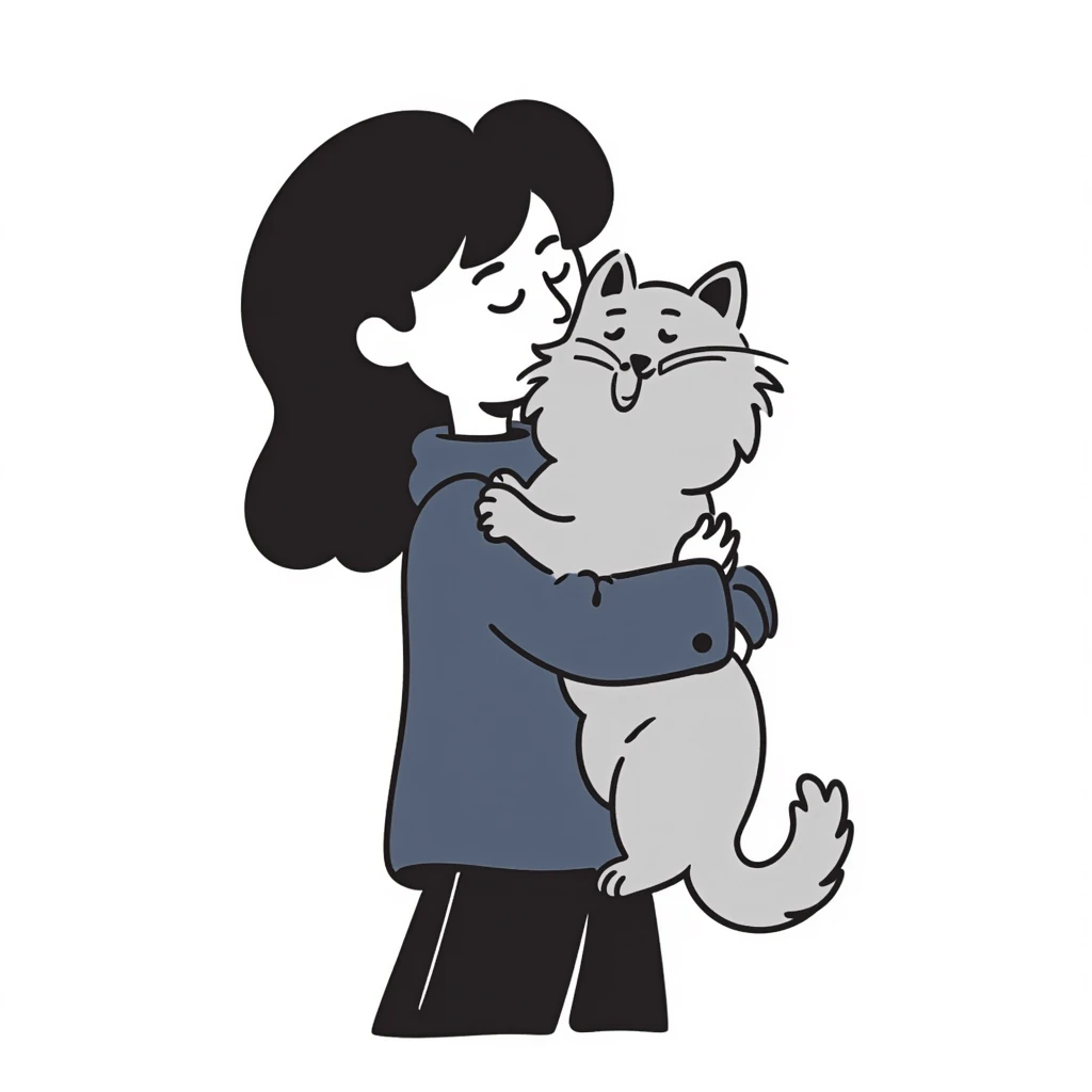 Brunette girl with dark blue sweatshirt snuggling a fluffy grey Siberian cat, warm embrace emoji