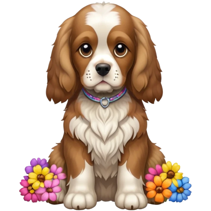 Full body shot of a cocker spaniel sitting with flowers emoji