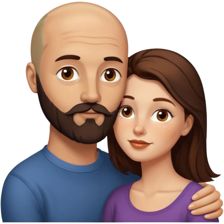 Couple. Bald man with dark brown-black beard. White woman with many small, faded freckles, she has white skin and she has auburn-brown-cinnamon, dark long hair. She has light brown eyes. The man have hazel eyes. Retro style. She kisses him on the cheek. emoji