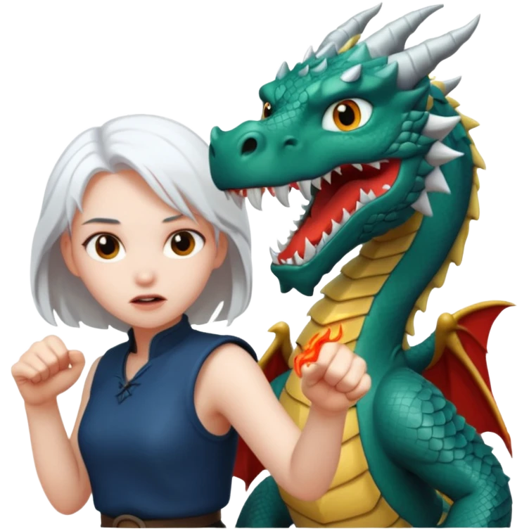 a girl with white hair fighting a dragon emoji
