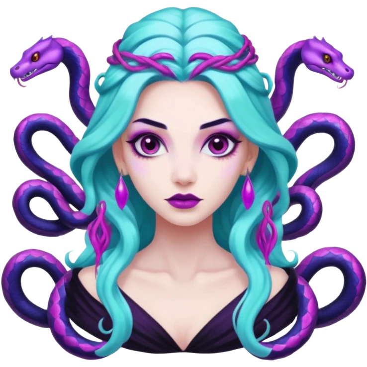 Beautiful Queen Hydra sea witch with seven snake heads, with the colors of cyan, hot pink, purple, white, and black emoji