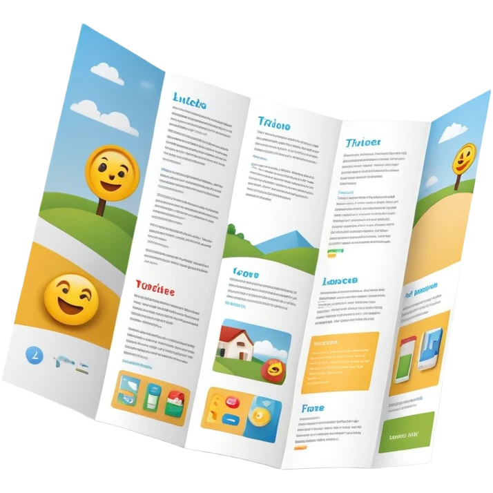 tri-fold brochure opened, with simple layout lines and image placeholders. emoji