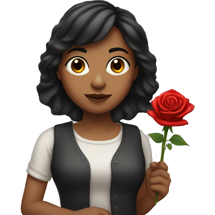 A women named rose, with dark hair bangs and holding a red red rose in one hand emoji