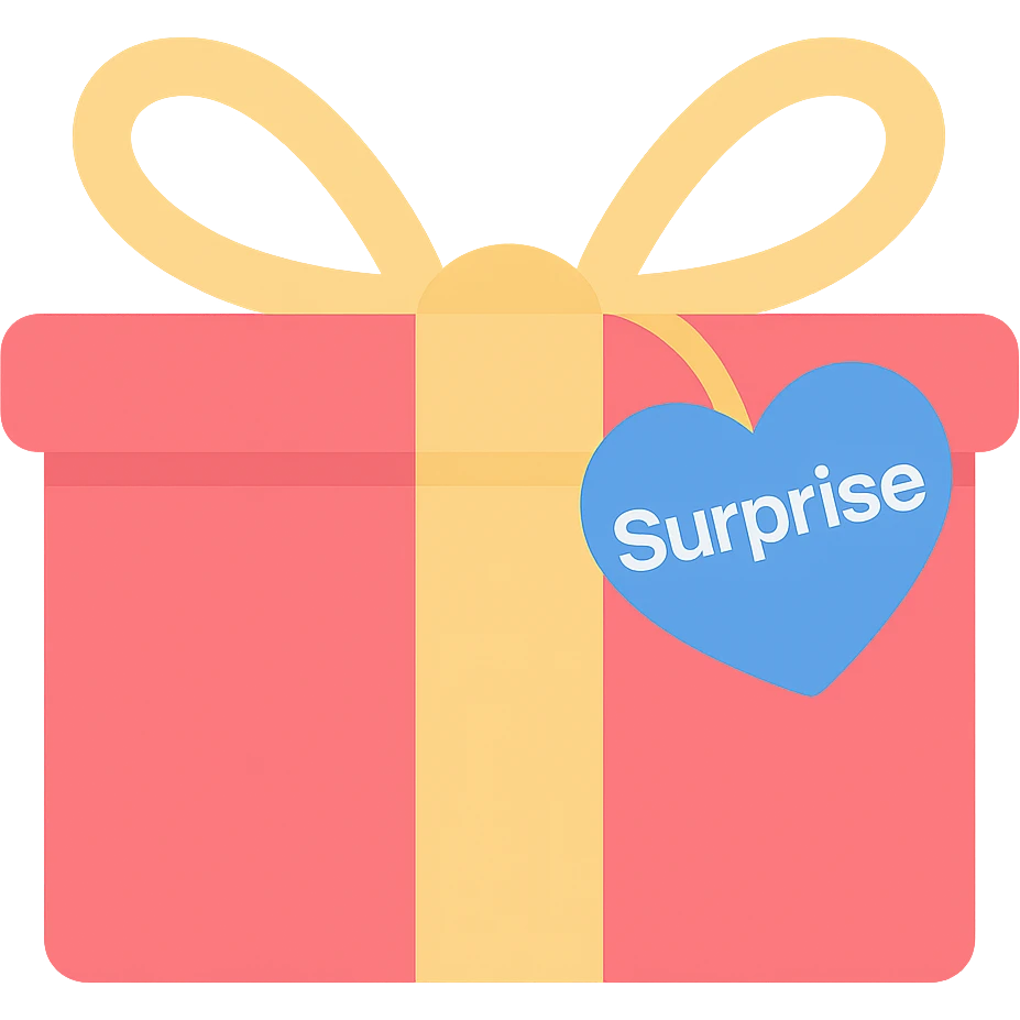 Change the heart-shaped gift tag to blue, keep the name 'Surprise'. emoji