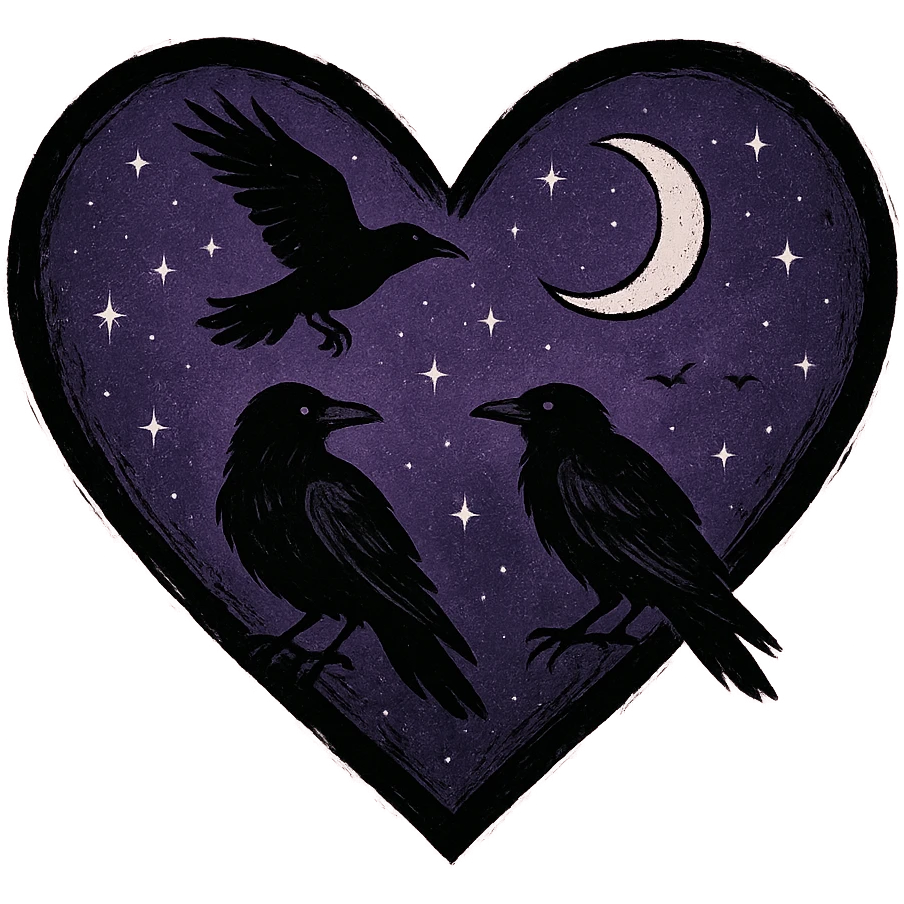 emo heart with night sky and dark ravens, remove background, pink emoji