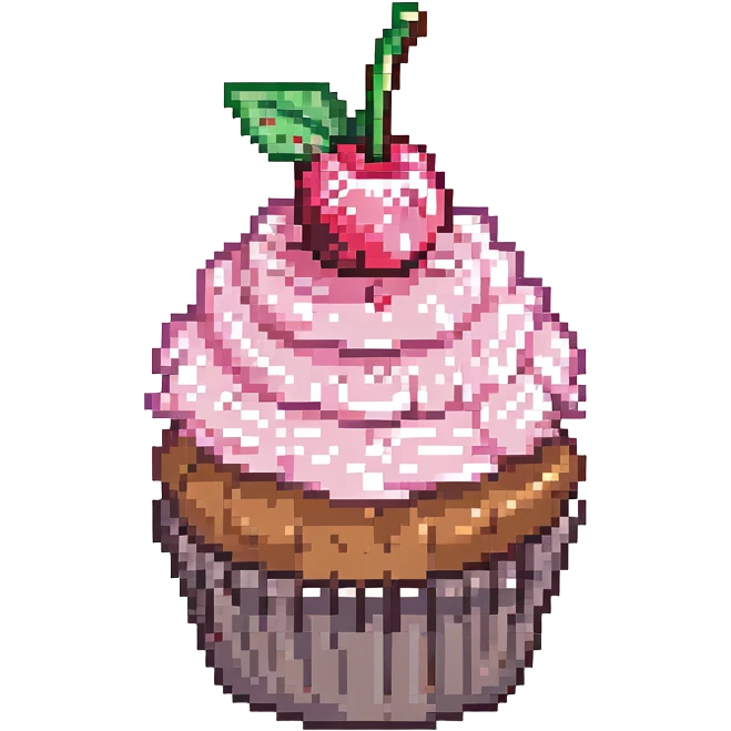 pixel art cupcake with pink icing and a cherry on top emoji