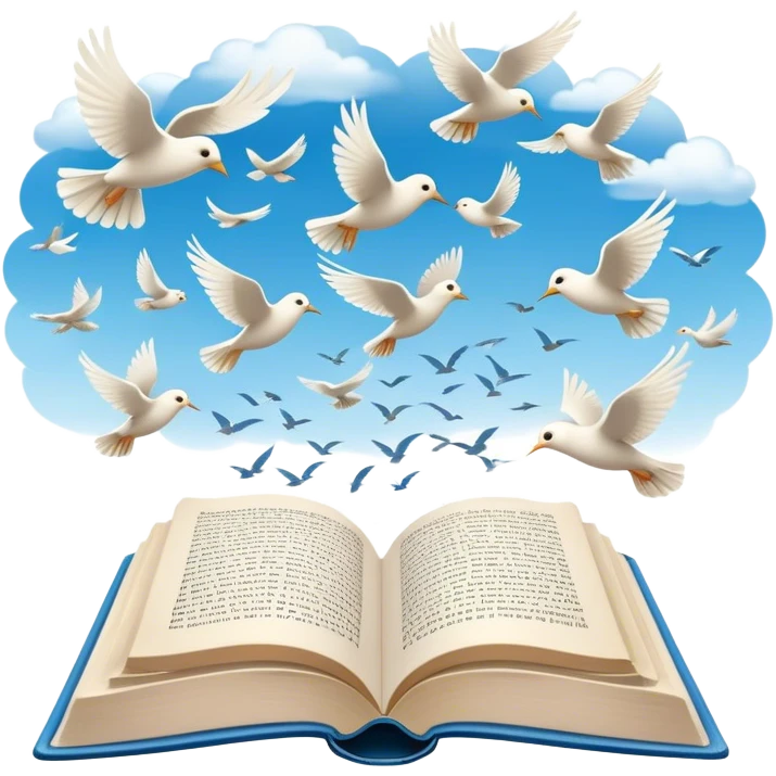 Icon for Poetry Reading: an open book with verses on the pages, from which fly pages transforming into a large flock of small white birds soaring into the blue sky. The icon should evoke the freedom and beauty of poetry. Transparent background. emoji