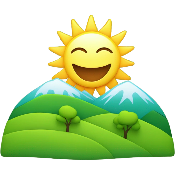Cartoon sun rising over a green hill with trees emoji