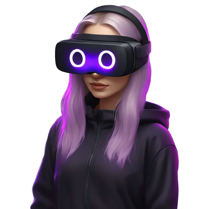 Russian girl wearing black hoody with violet letters "OMG", in vr headset oculus quest2. No eyes on headset. Cyberpunk style. Violet neon. emoji