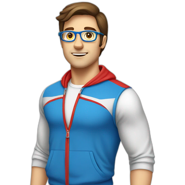 retro 70s blue and red gym clothes for a modern white brunette uni male student with glass emoji