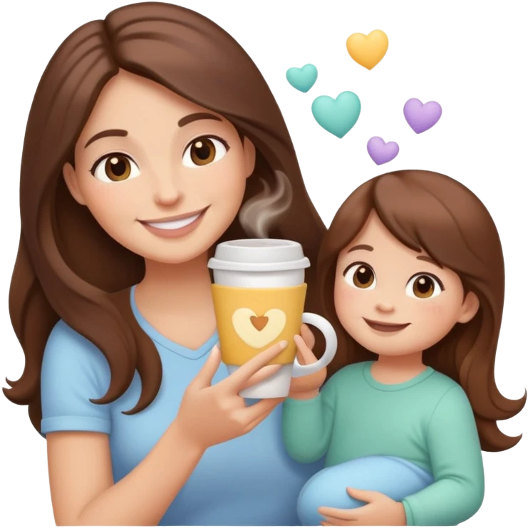 A cute cartoon-style emoji of a smiling woman with long hair juggling a toddler, a baby, and a cup of coffee, soft pastel colors, minimalistic design, perfect for Instagram stories emoji