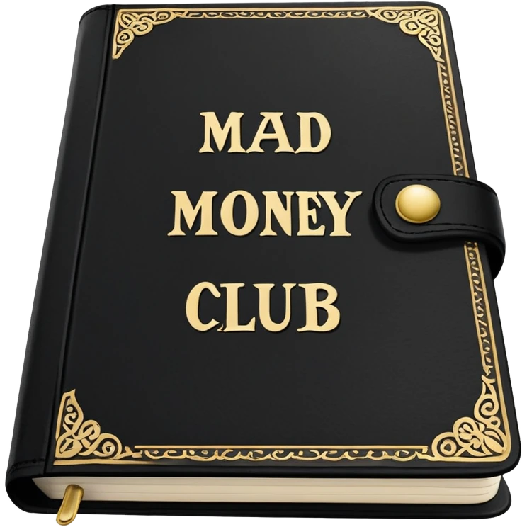 black book with ornate white text and borders. The book’s cover reads: “Mad Money Club - Rules Book - For Sad Girls.” emoji