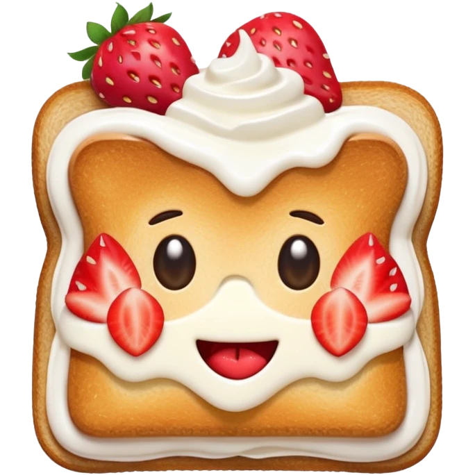 emoji illustration of a square toast topped with fluffy white cream, decorated with a strawberry bow made from two strawberry halves and a small sliced center, bright red and glossy, Clean soft shading, kawaii emoji style, centered object, no plate, no background, high detail, pastel tone emoji