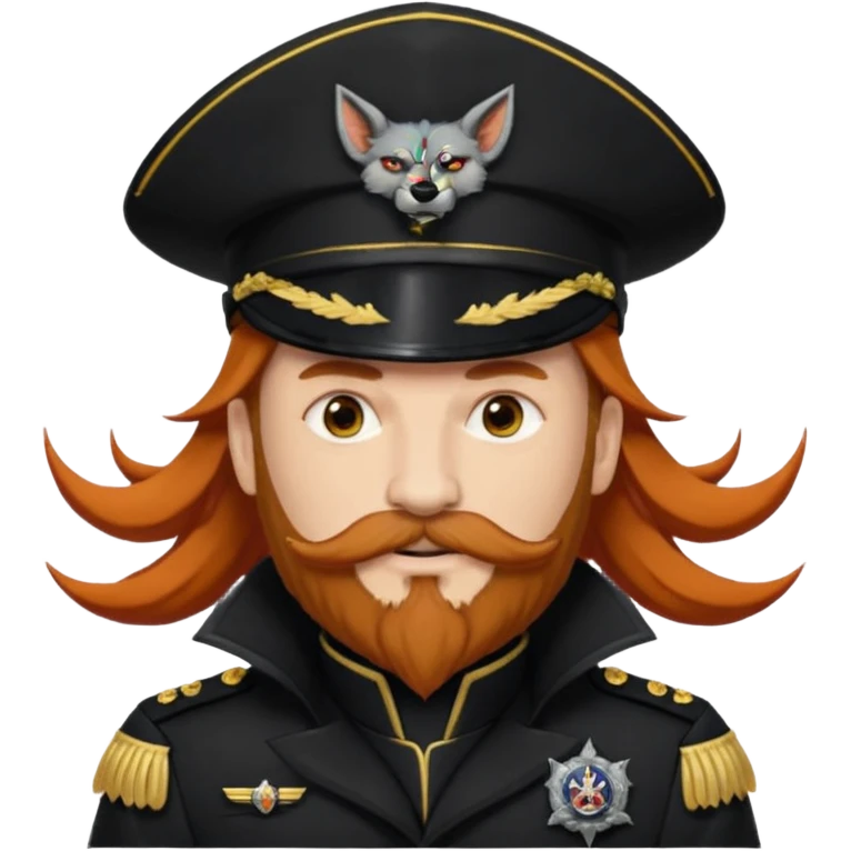 An auburn-hair'ed admiral with a flawless bear and mustache wearing a black admiral outfit and hat with Wolf Ears coming out of the hat, and 9 tails behind him, with the admiral black shirt featuring on the left breast pocket the insignia of Helldivers 2. emoji