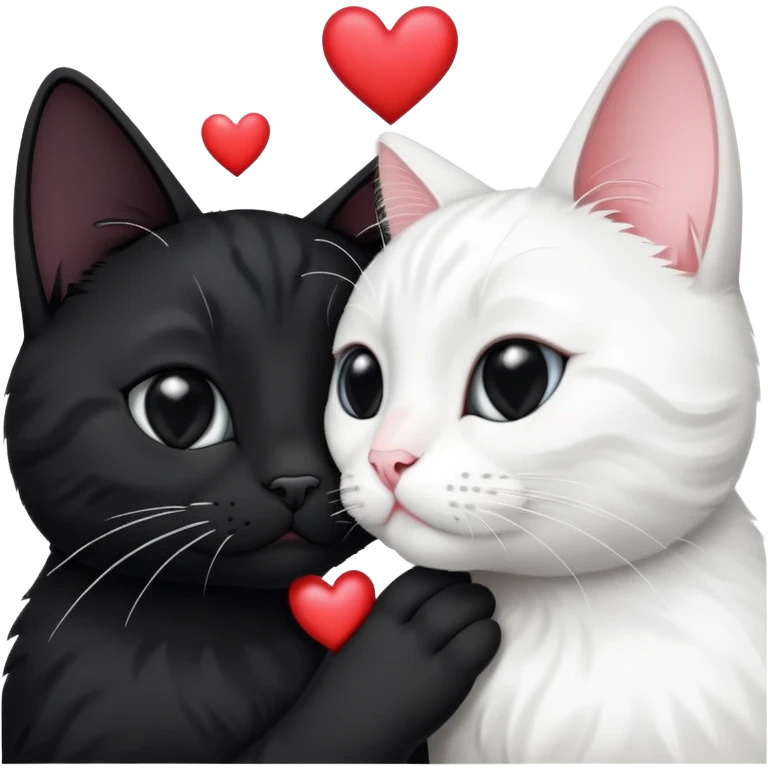 Big black cat is kissing a small white cat with hearts above emoji