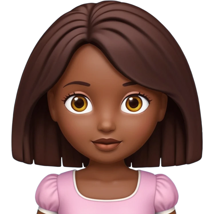 Boneca digital em estilo 3D realista e fofo, semelhante a uma boneca colecionável. Mulher jovem com pele negra, olhos castanhos escuros, cabelo liso cor chocolate, longo e bem alinhado.  emoji